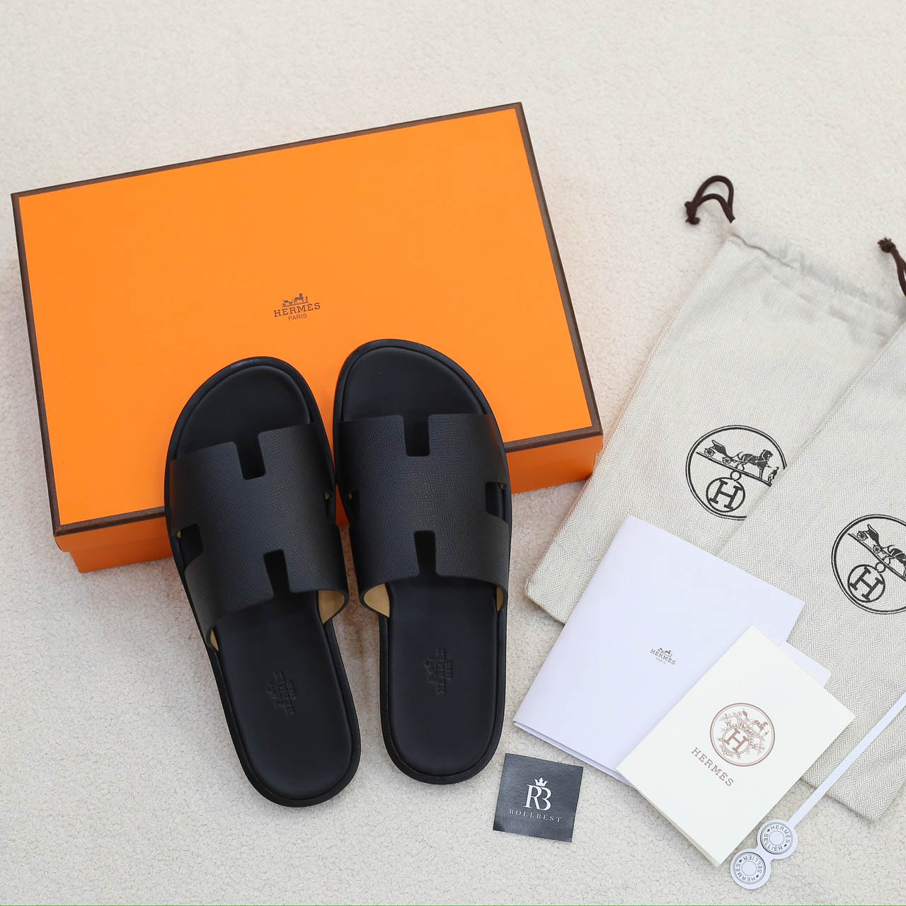 Dép Hermes Nam Full Đen Da Epsom (Sần) Like Auth