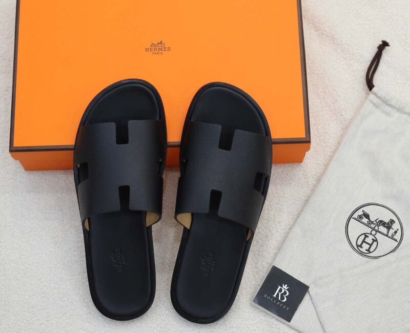 Dép Hermes Nam Full Đen Da Epsom (Sần) Like Auth