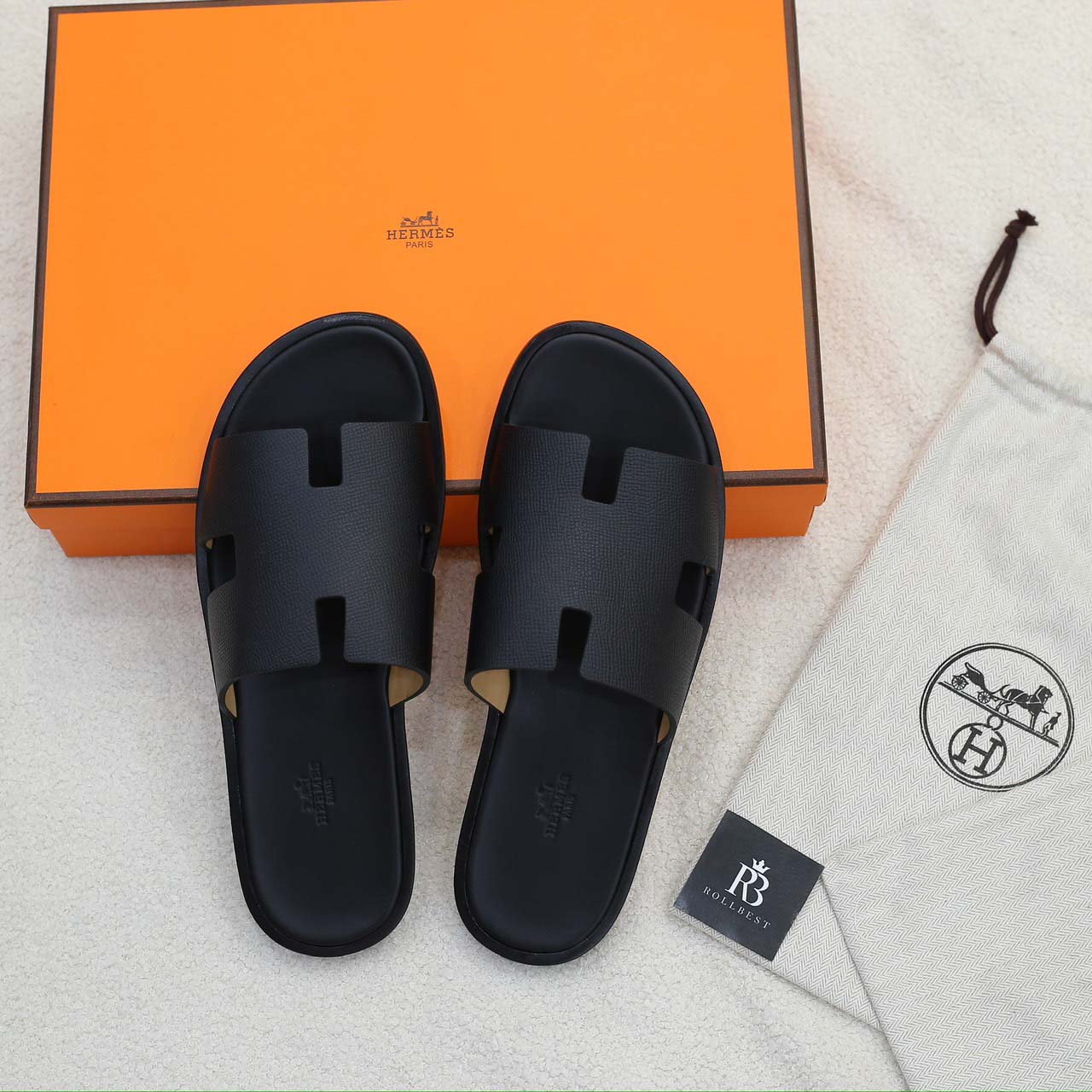 Dép Hermes Nam Full Đen Da Epsom (Sần) Like Auth