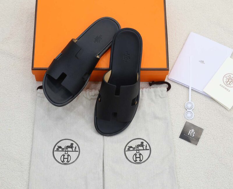 Dép Hermes Nam Full Đen Da Epsom (Sần) Like Auth