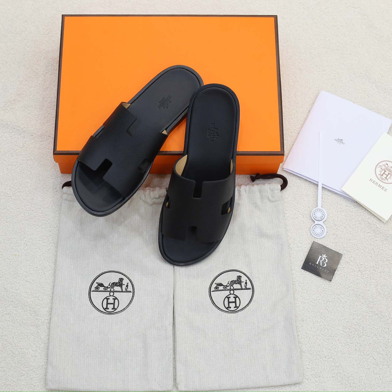 Dép Hermes Nam Full Đen Da Epsom (Sần) Like Auth