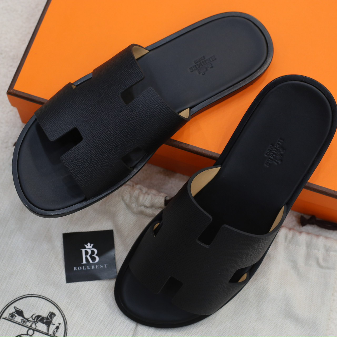 Dép Hermes Nam Full Đen Da Epsom (Sần) Like Auth