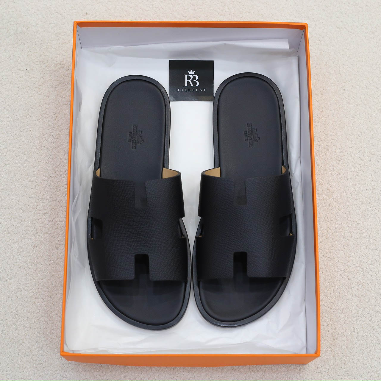 Dép Hermes Nam Full Đen Da Epsom (Sần) Like Auth