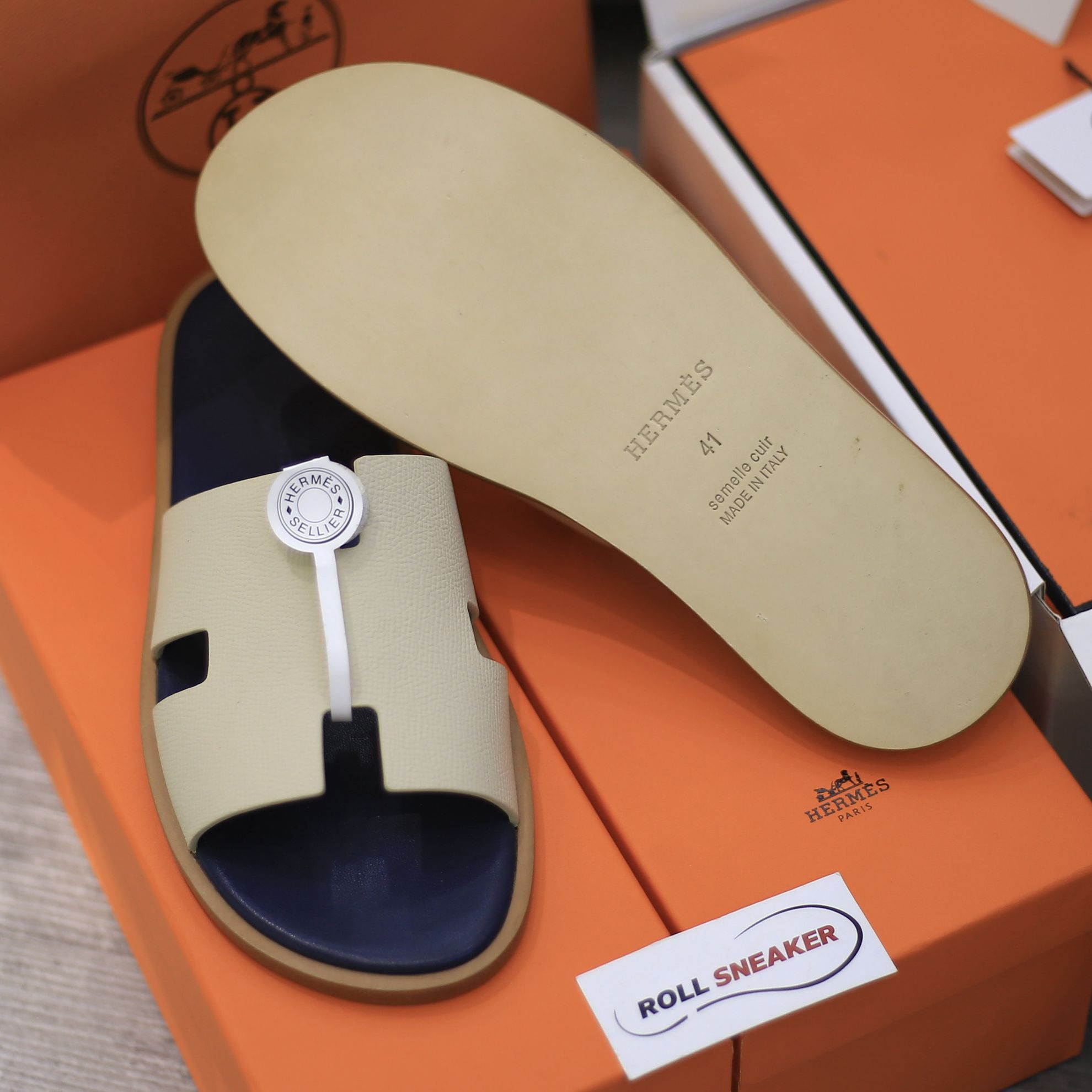 Dép Hermes Blanc Gomme da Epsom Lót Đế Celestial Blue Like Auth