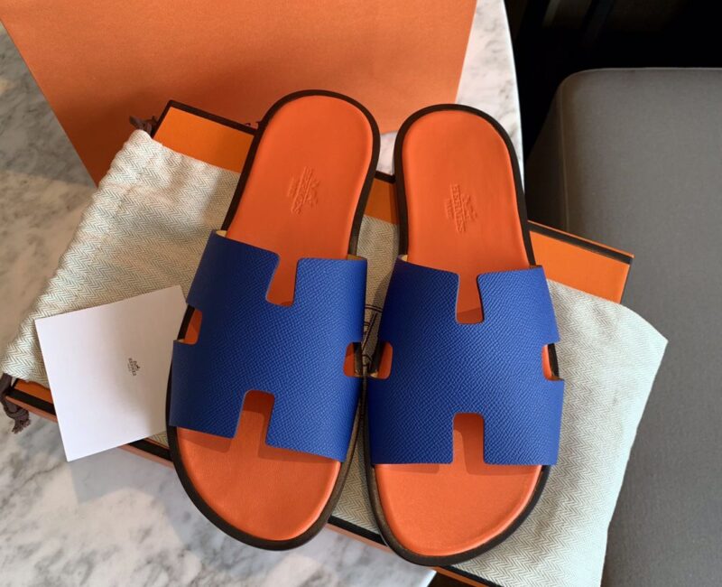Dép Hermes Izmir Blue/Orange Xanh Cam da Epsom Like Auth