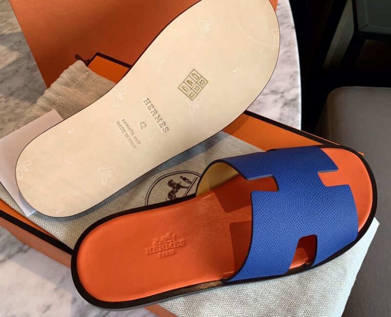 Dép Hermes Izmir Blue/Orange Xanh Cam da Epsom Like Auth