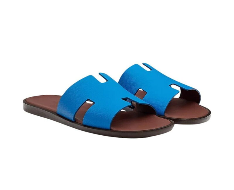 Dép Hermes Santorini blue da Epsom Lót Đế Nâu Like Auth