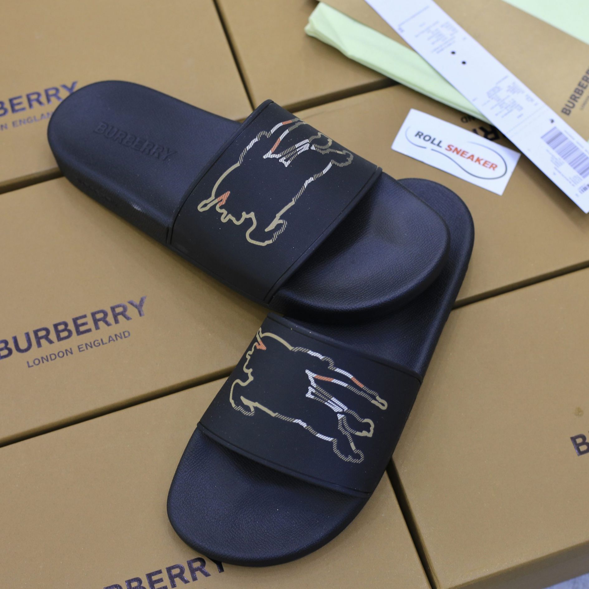 Dép Burberry Check EKD Motif slides in Black Like Auth