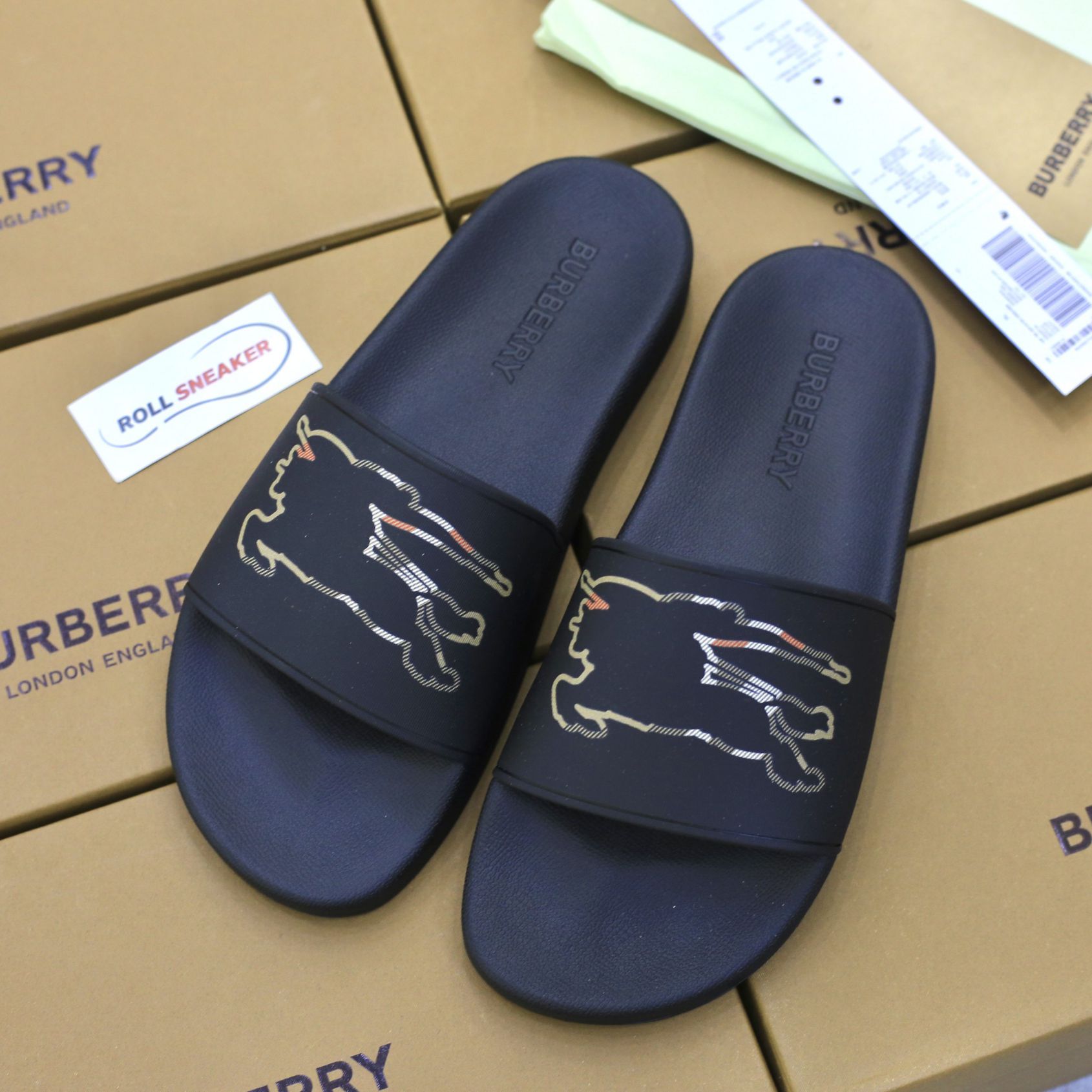 Dép Burberry Check EKD Motif slides in Black Like Auth