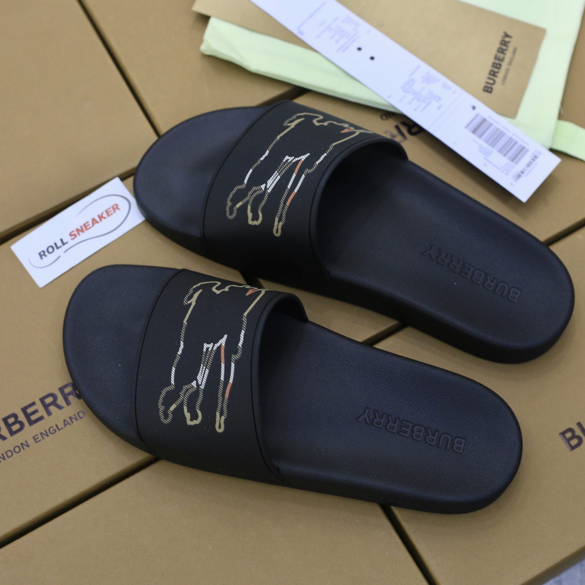 Dép Burberry Check EKD Motif slides in Black Like Auth