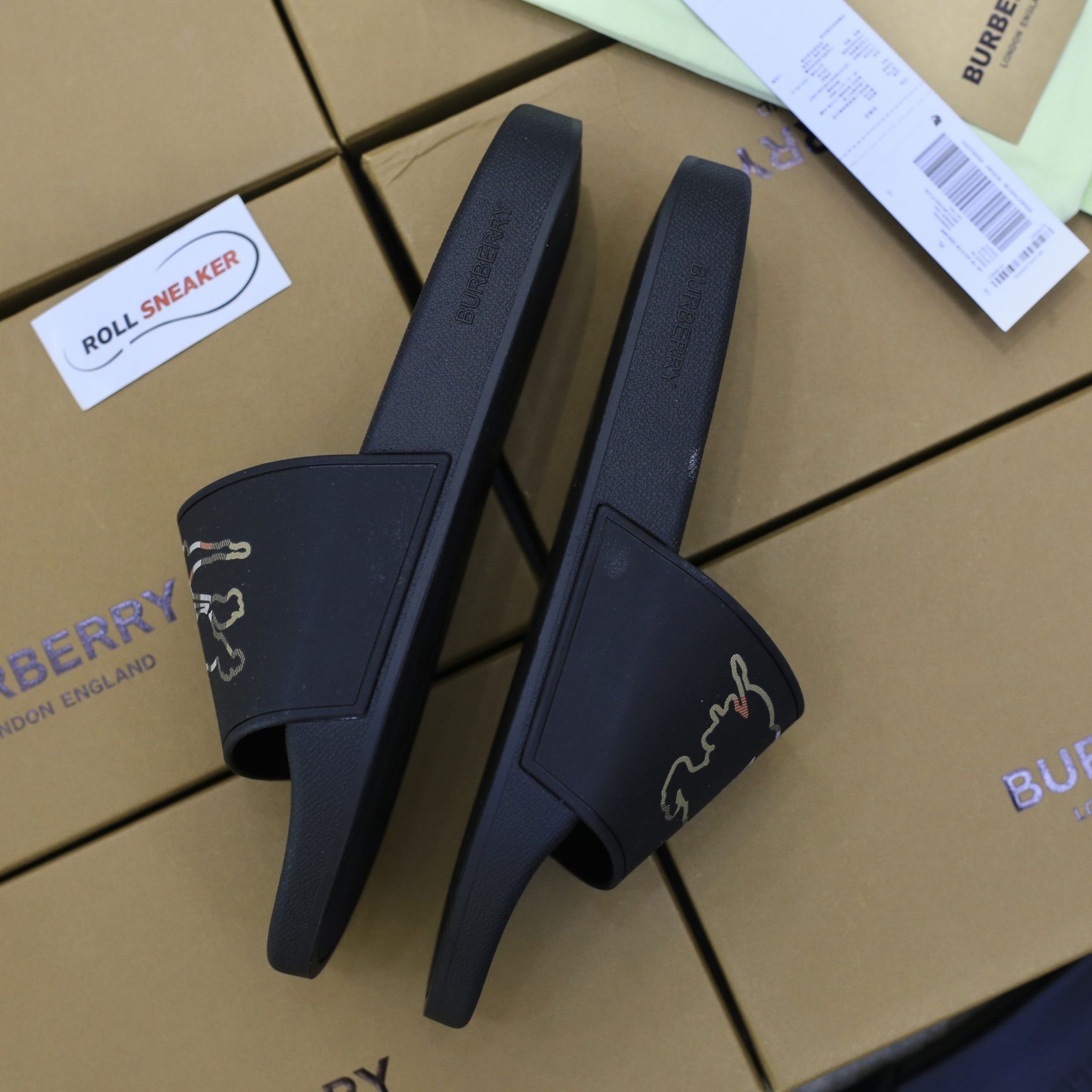 Dép Burberry Check EKD Motif slides in Black Like Auth