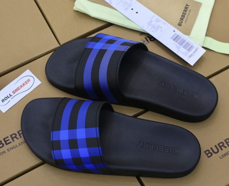 Dép Burberry Check Print Slides Dark Blue Like Auth