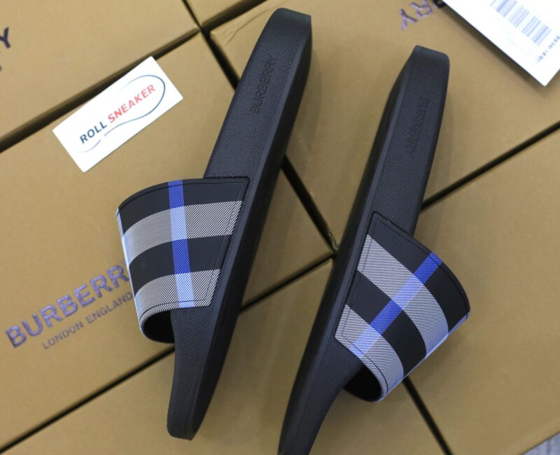 Dép Burberry Check Print Slides White/Dark Blue Like Auth
