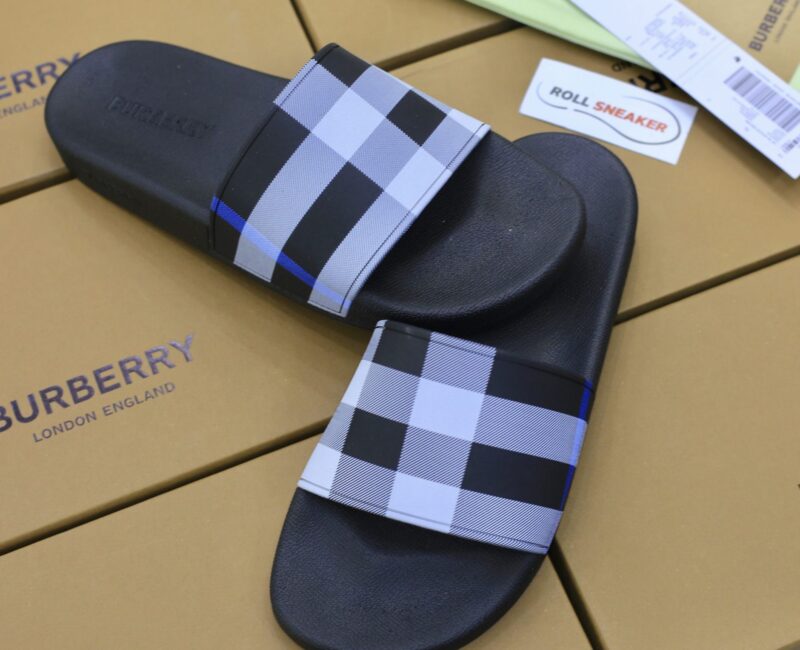 Dép Burberry Check Print Slides White/Dark Blue Like Auth