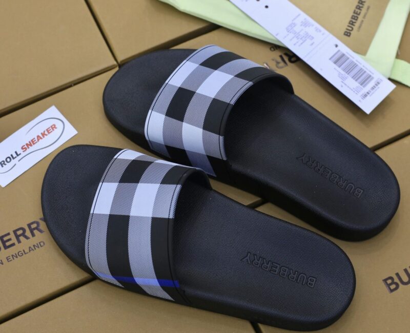 Dép Burberry Check Print Slides White/Dark Blue Like Auth