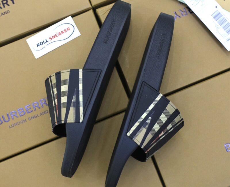 Dép Nam Burberry Sliced Check Print Slides Black Like Auth