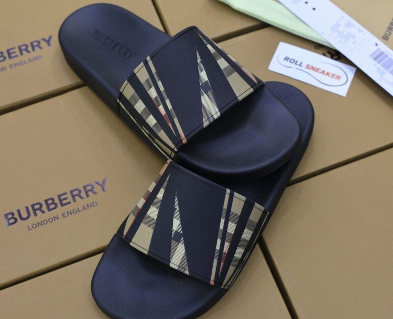 Dép Nam Burberry Sliced Check Print Slides Black Like Auth
