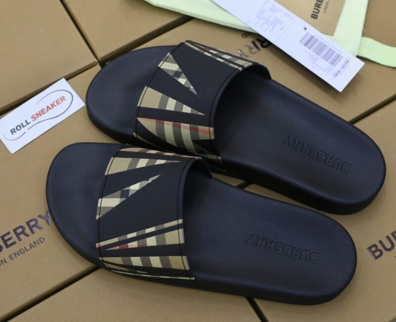 Dép Nam Burberry Sliced Check Print Slides Black Like Auth