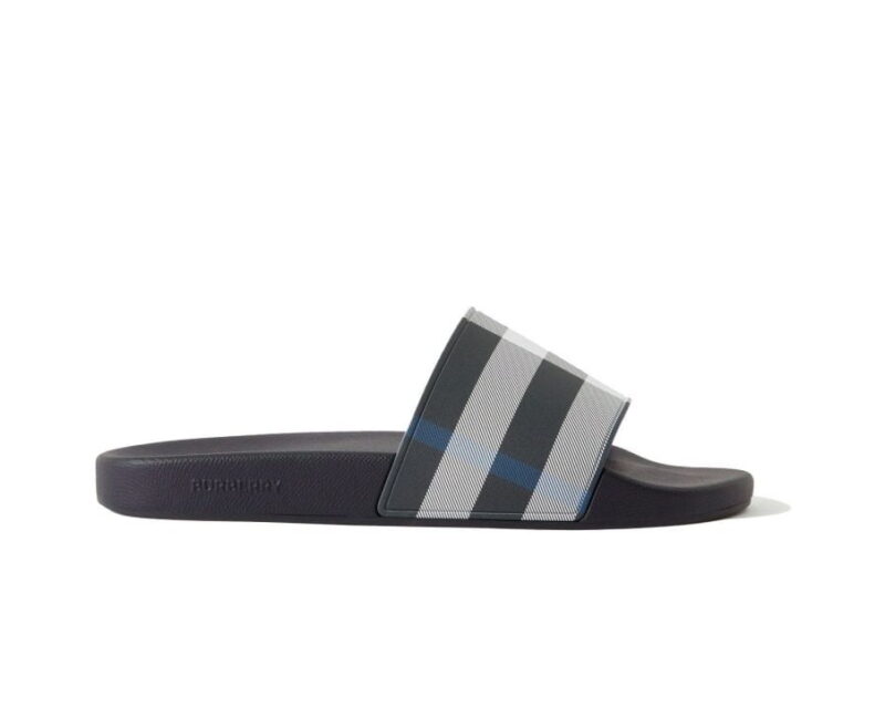 Dép Burberry Check Print Slides White/Dark Blue