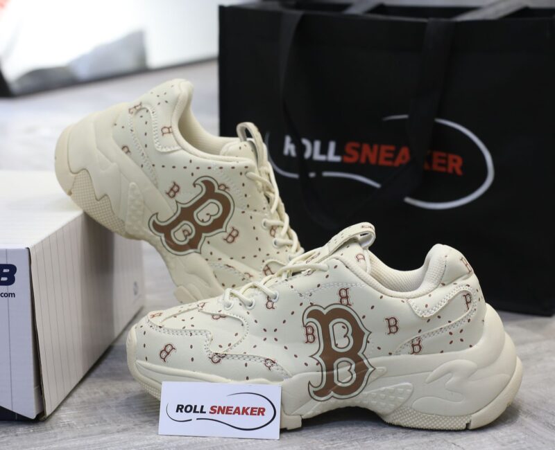Giày MLB BigBall Chunky Saffiano Diamond Monogram Boston Red Sox Beige Like Auth