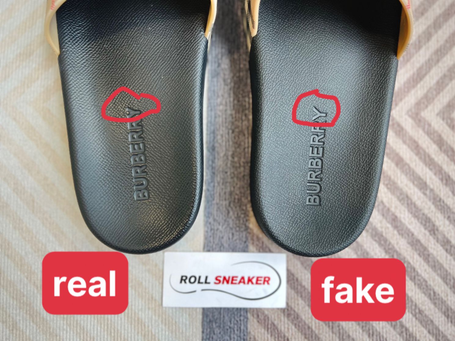 Cách nhận biết dép burberry thật và giả qua nét chữ được dập chìm ở lớp đế dép.
