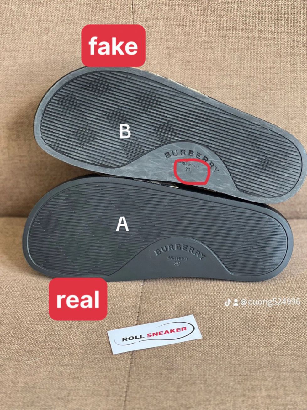 Khoảng cách giữa các chữ cái là một yếu tố để phân biệt dép Burberry Auth và Like Auth
