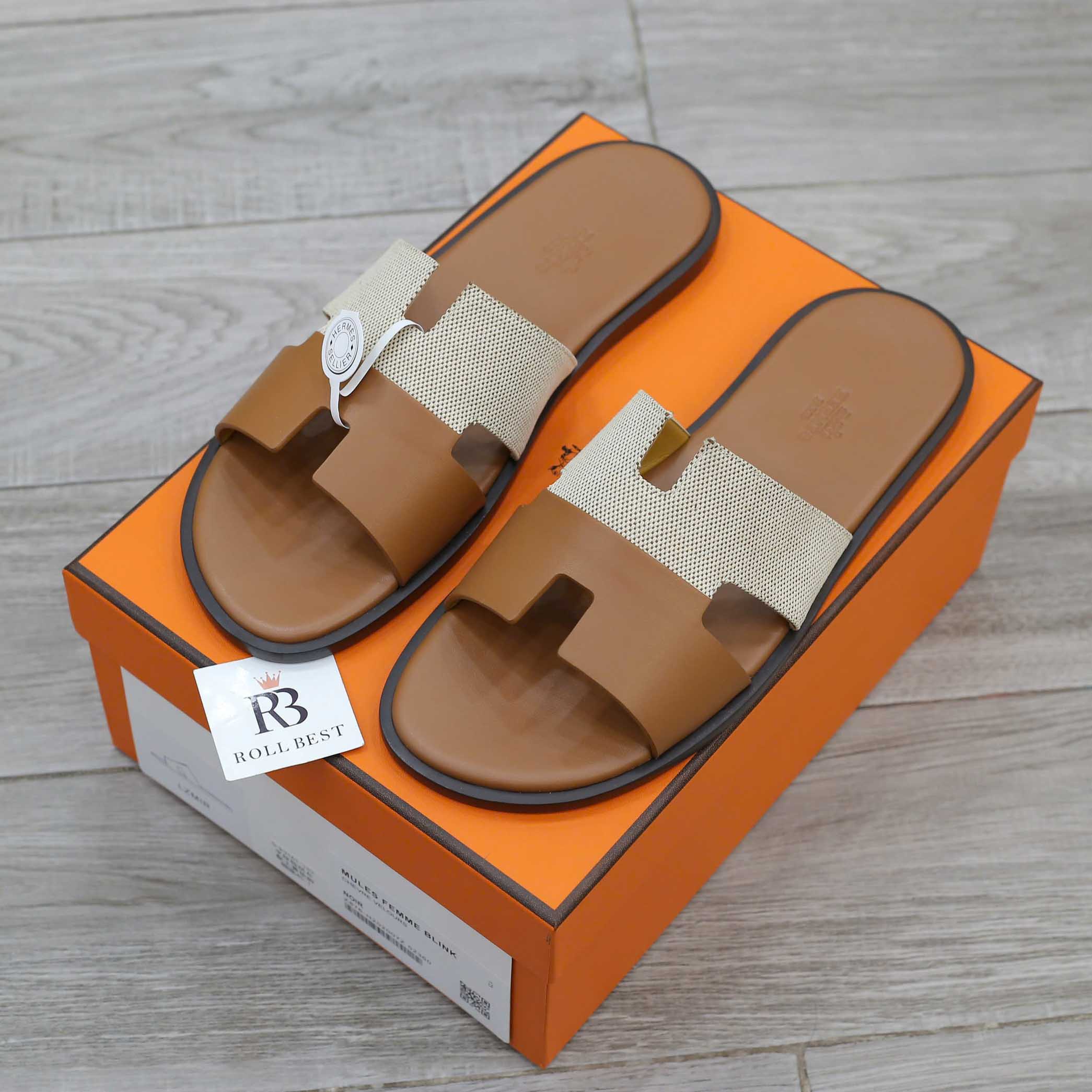 Dép Hermes Nam Canvas Bicolor Nâu Best Quality