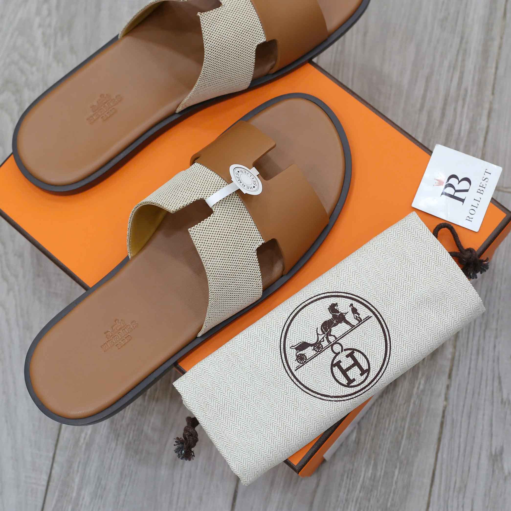 Dép Hermes Nam Canvas Bicolor Nâu Best Quality