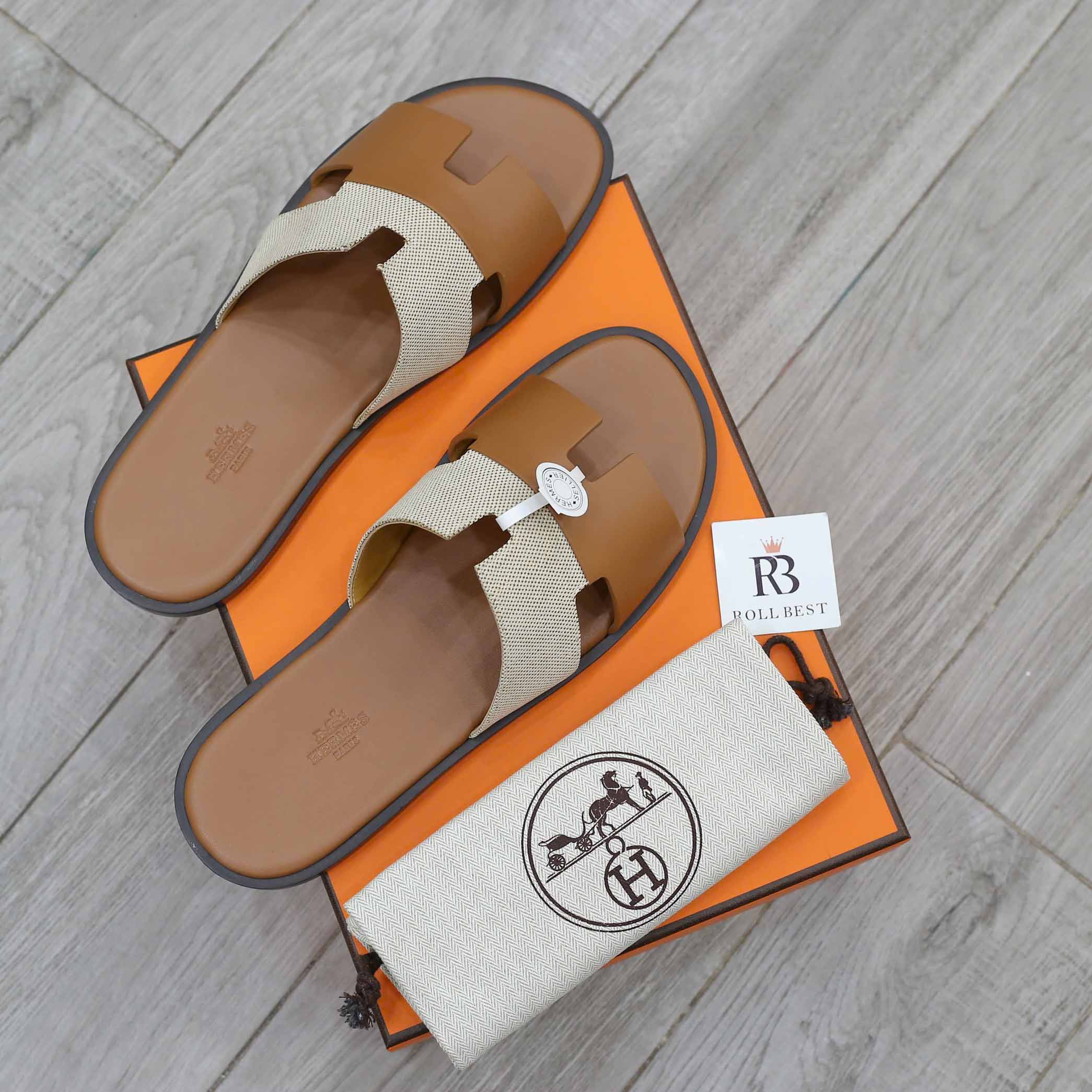 Dép Hermes Nam Canvas Bicolor Nâu Best Quality