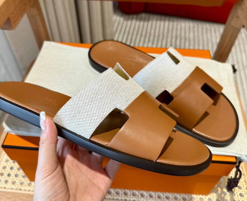 Dép Hermes Nam Canvas Bicolor Nâu Best Quality