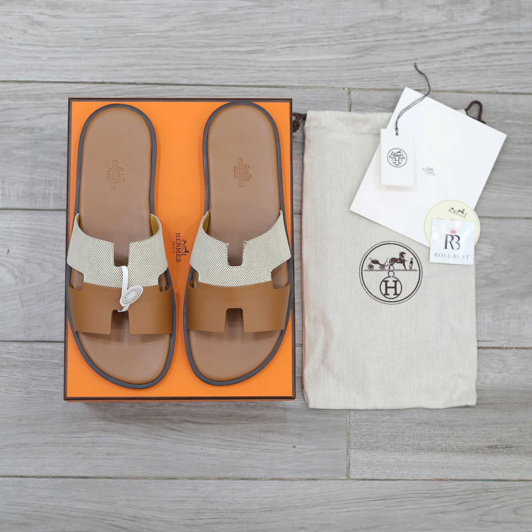 Dép Hermes Nam Canvas Bicolor Nâu Best Quality