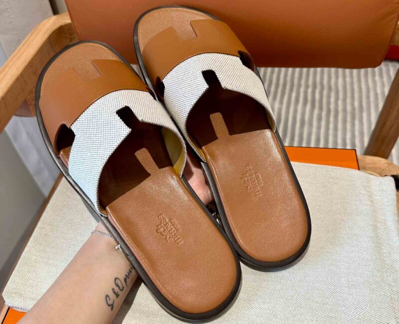 Dép Hermes Nam Canvas Bicolor Nâu Best Quality