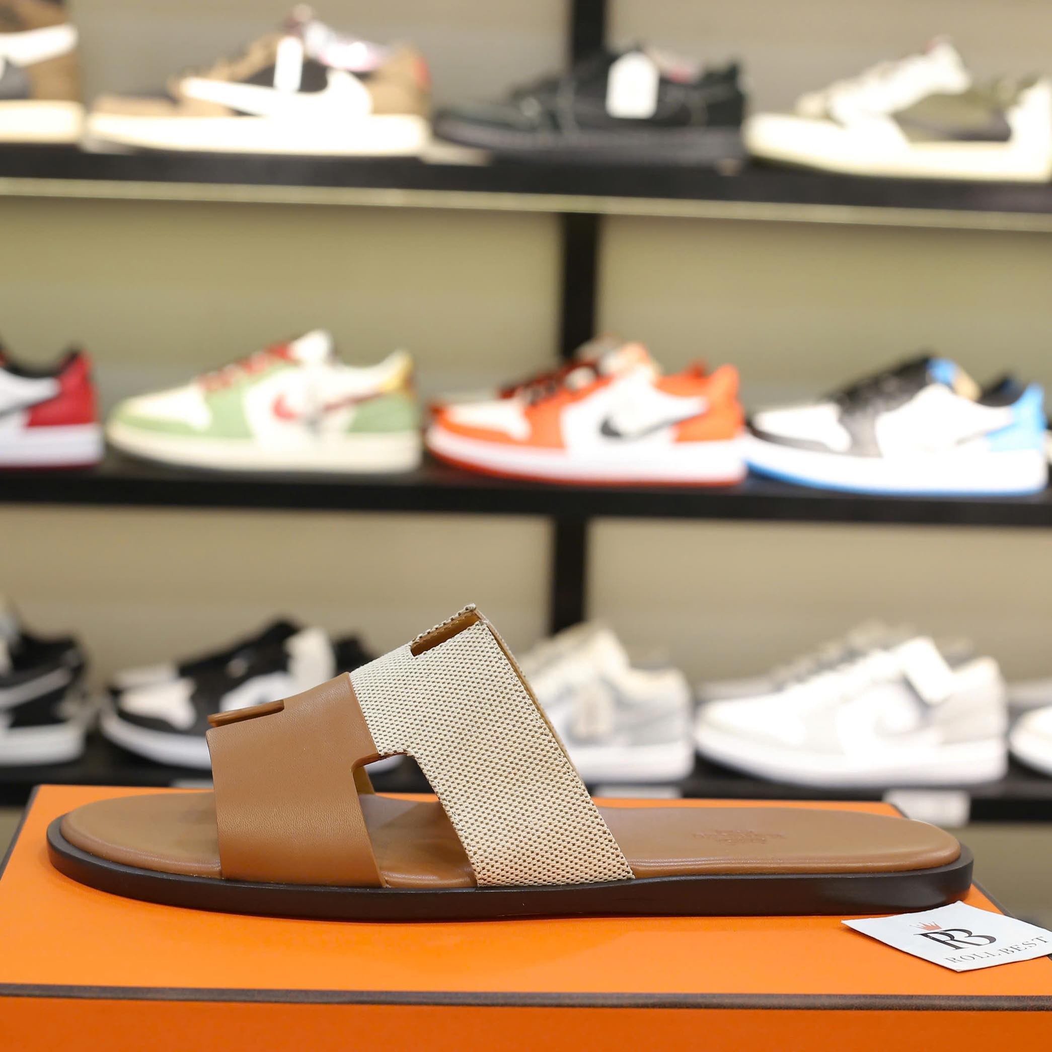 Dép Hermes Nam Canvas Bicolor Nâu Best Quality