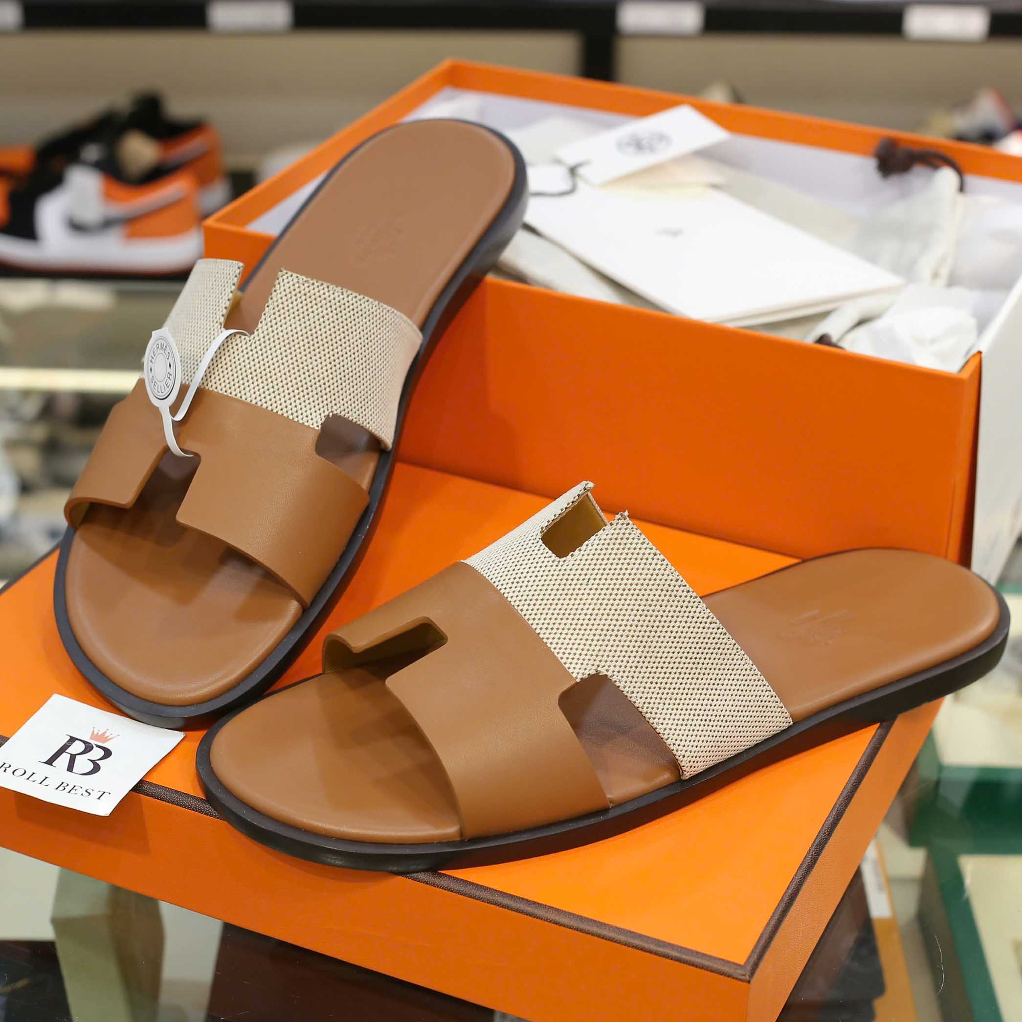 Dép Hermes Nam Canvas Bicolor Nâu Best Quality