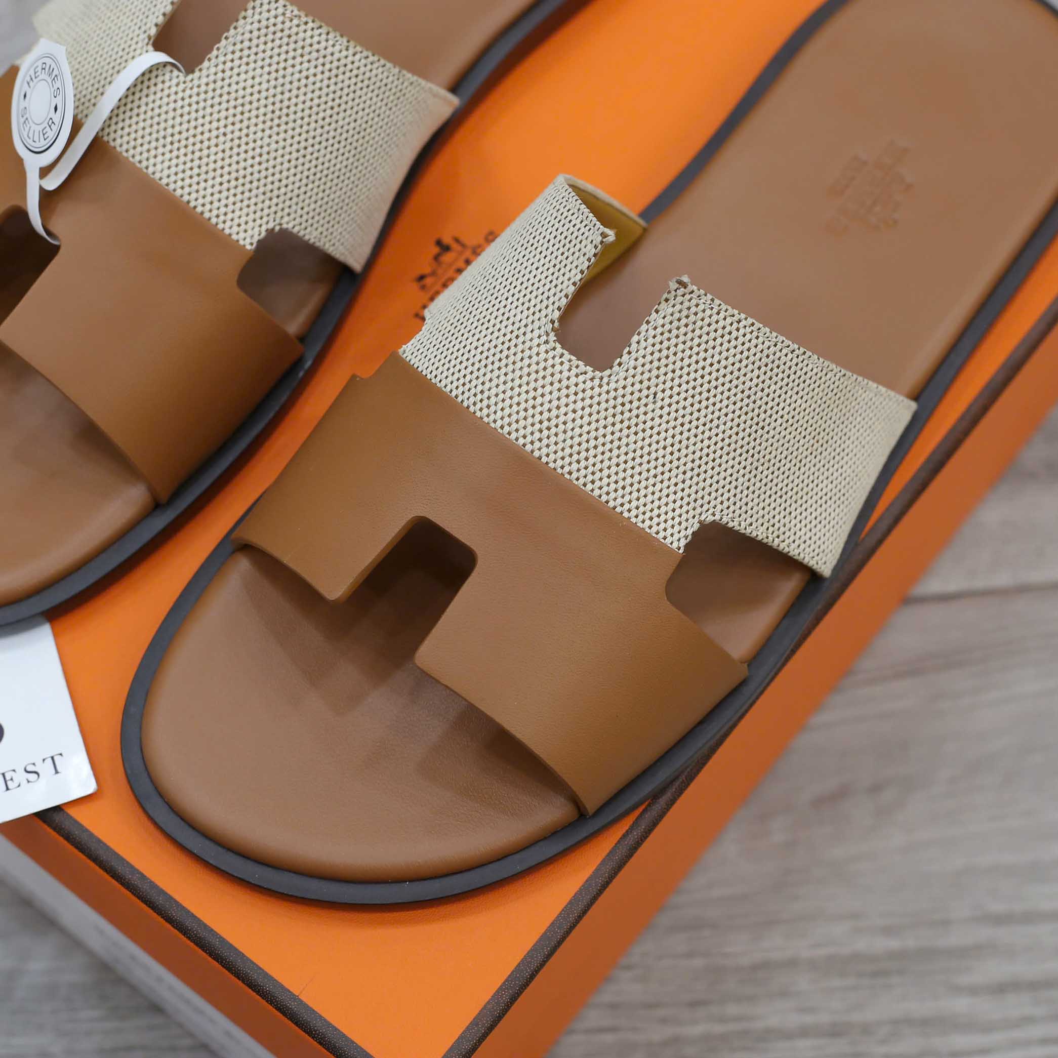 Dép Hermes Nam Canvas Bicolor Nâu Best Quality