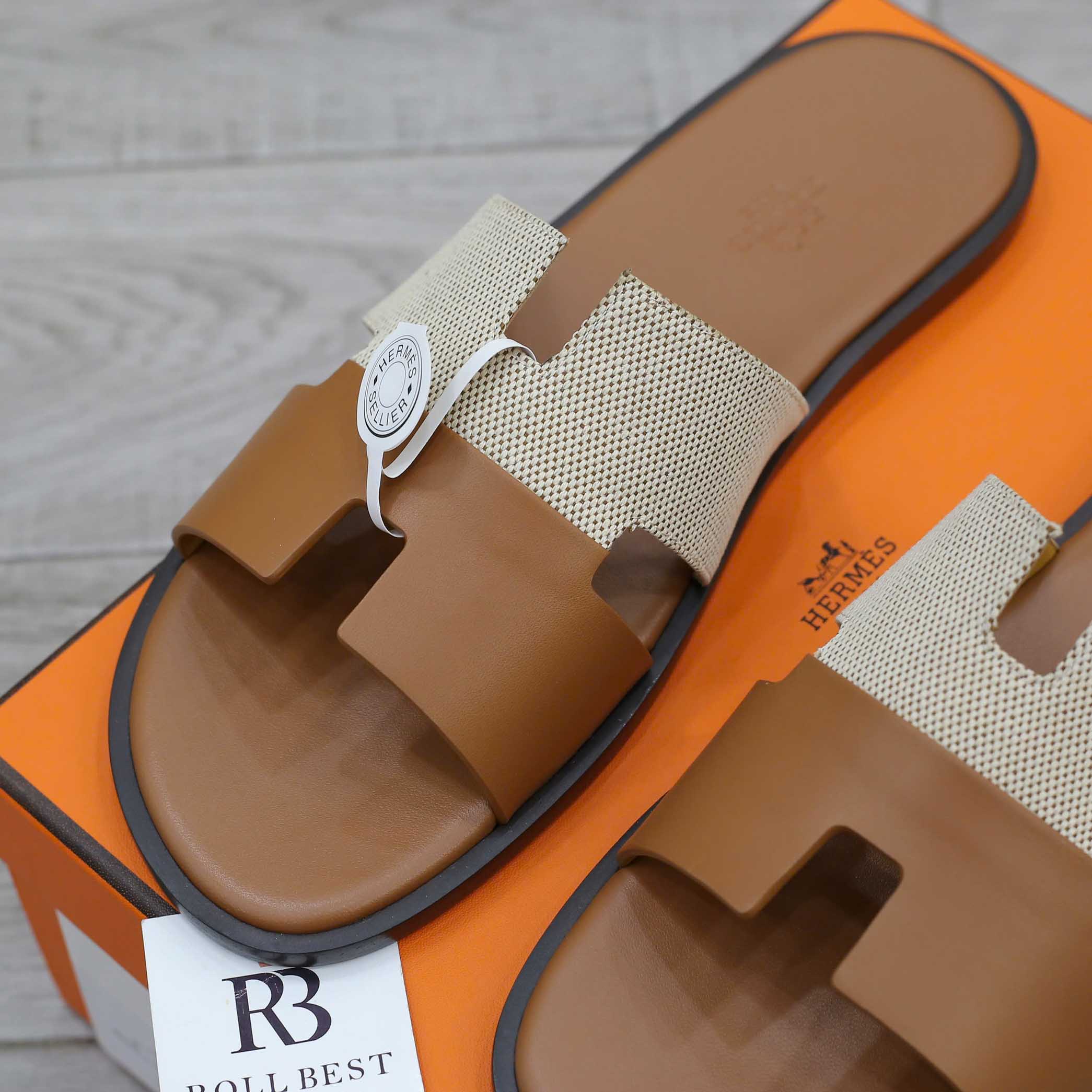 Dép Hermes Nam Canvas Bicolor Nâu Best Quality