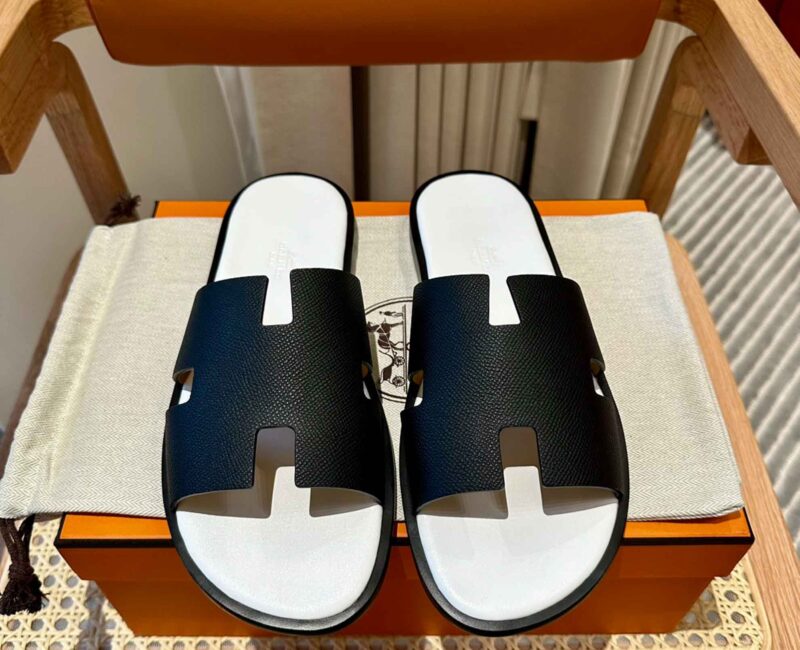 Dép Hermes Nam da Epsom (Sần) Đen Lót Trắng Best Quality