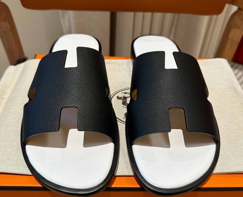 Dép Hermes Nam da Epsom (Sần) Đen Lót Trắng Best Quality