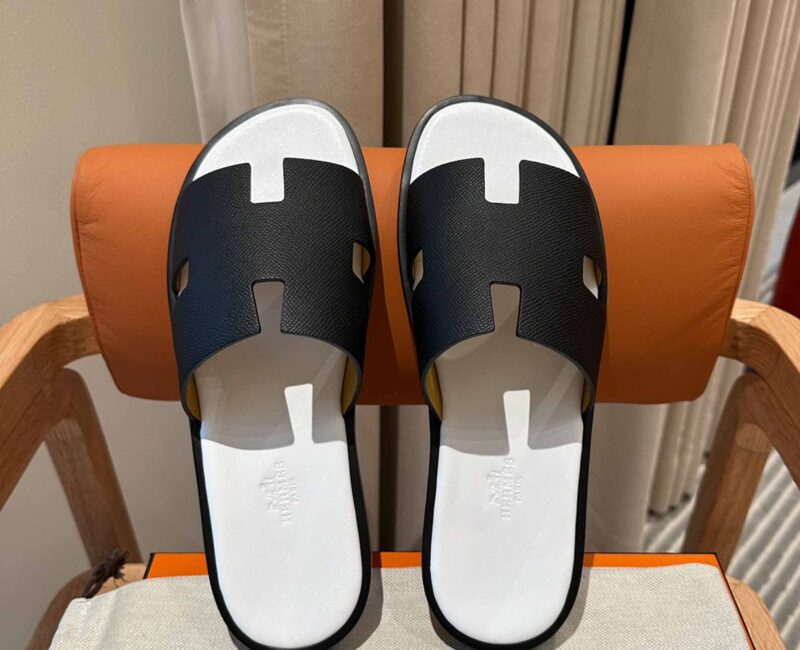 Dép Hermes Nam da Epsom (Sần) Đen Lót Trắng Best Quality