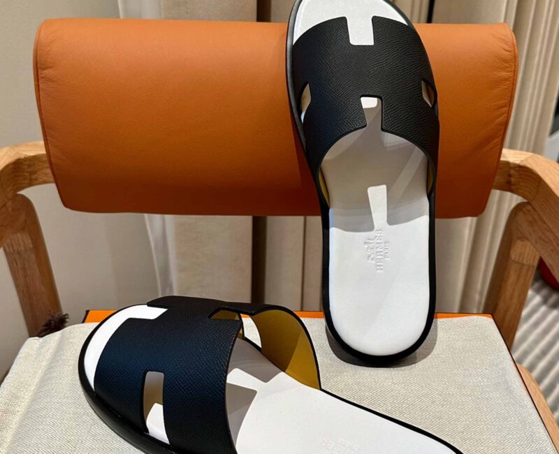 Dép Hermes Nam da Epsom (Sần) Đen Lót Trắng Best Quality