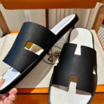 Dép Hermes Nam da Epsom (Sần) Đen Lót Trắng Best Quality