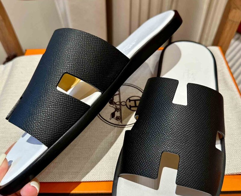 Dép Hermes Nam da Epsom (Sần) Đen Lót Trắng Best Quality