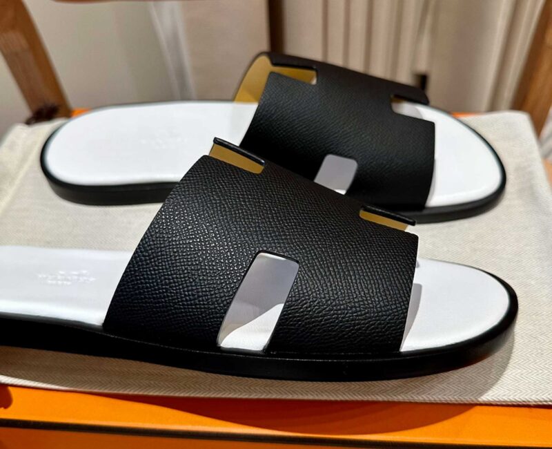 Dép Hermes Nam da Epsom (Sần) Đen Lót Trắng Best Quality