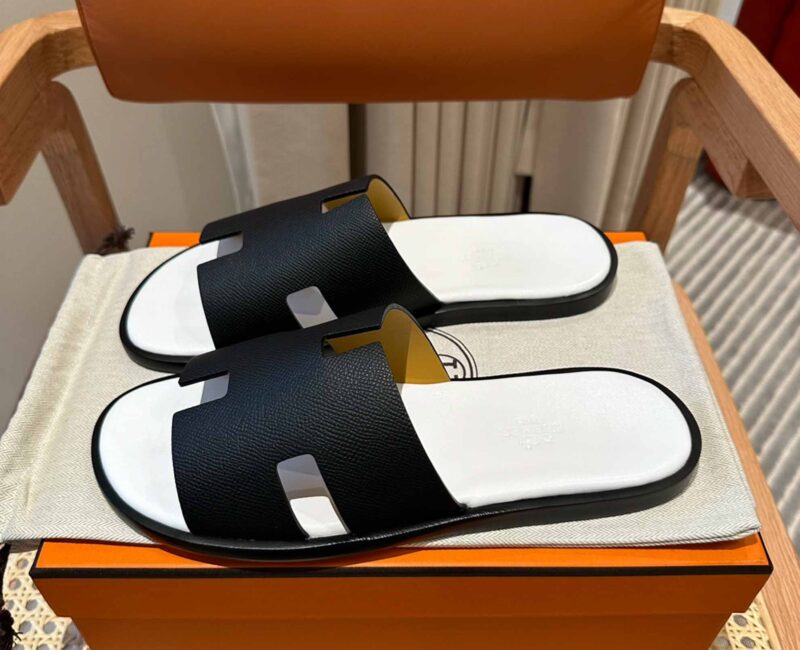 Dép Hermes Nam da Epsom (Sần) Đen Lót Trắng Best Quality