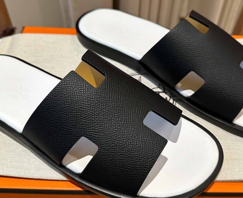 Dép Hermes Nam da Epsom (Sần) Đen Lót Trắng Best Quality