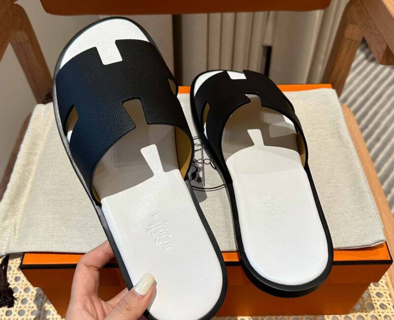 Dép Hermes Nam da Epsom (Sần) Đen Lót Trắng Best Quality