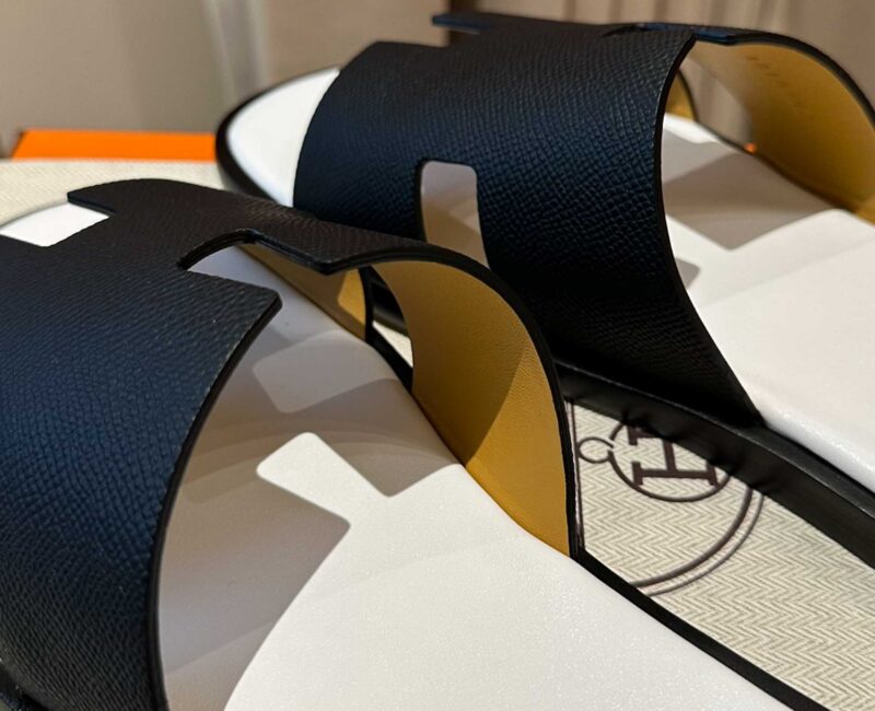 Dép Hermes Nam da Epsom (Sần) Đen Lót Trắng Best Quality