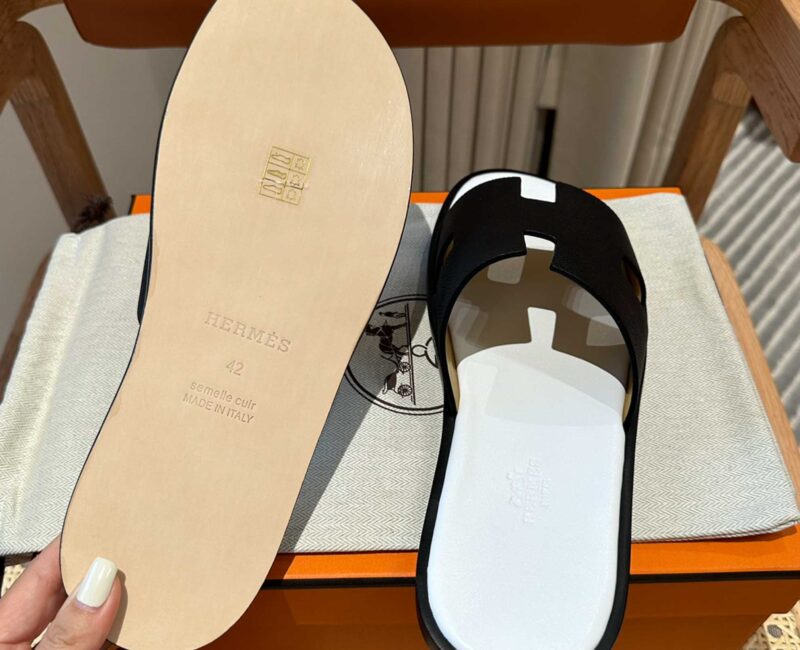 Dép Hermes Nam da Epsom (Sần) Đen Lót Trắng Best Quality