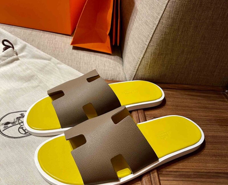 Dép Hermes Nam da Epsom (Sần) Nâu Lót Vàng Best Quality