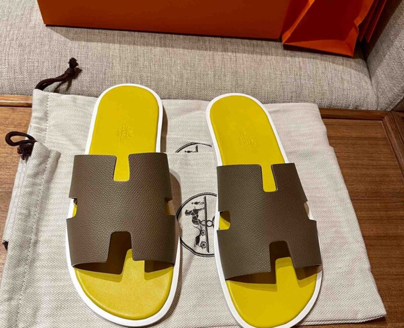 Dép Hermes Nam da Epsom (Sần) Nâu Lót Vàng Best Quality